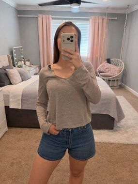 SHEIN Beige Long Sleeve V-Neck Top